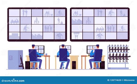 Security Room Professionals Monitoring In Control Center With Cctv Monitors Stock Vector