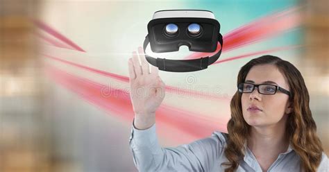 Woman Touching And Interacting With Virtual Reality Headset With Transition Effect Stock Image