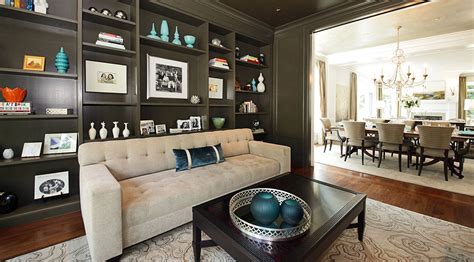 Gorgeous Tv Room Den With A Wonderful Dark Painted Built In Shelving