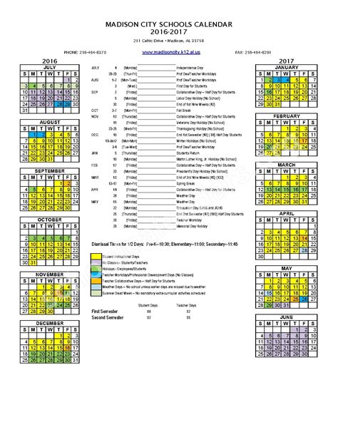 2016 2017 District Calendar Madison City Schools Madison Al