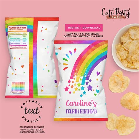 Instant Download Editable Rainbow Printable Chip Bag Colorful Rainbow
