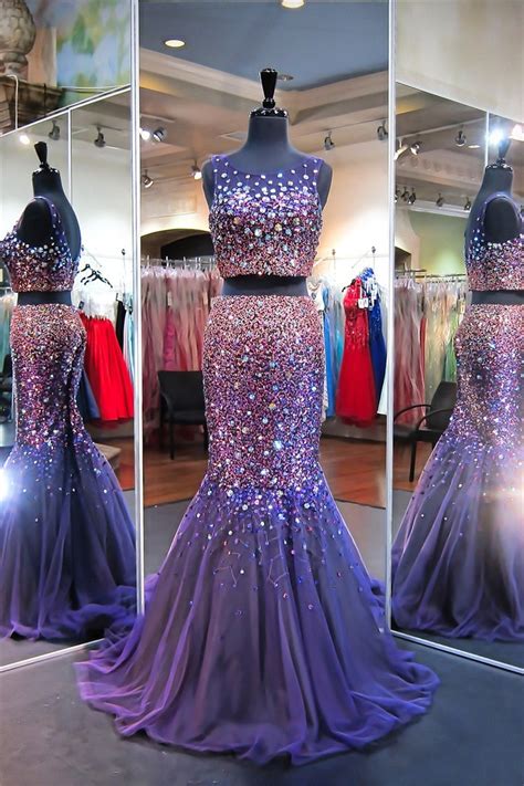 Sparkly Mermaid Scoop Neck Two Piece Purple Tulle Beaded Prom Dress