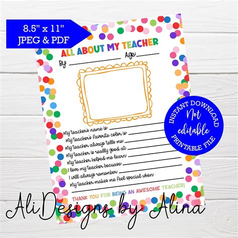 An All About My Teacher Printable Activity Sheet With Polka Dots On
