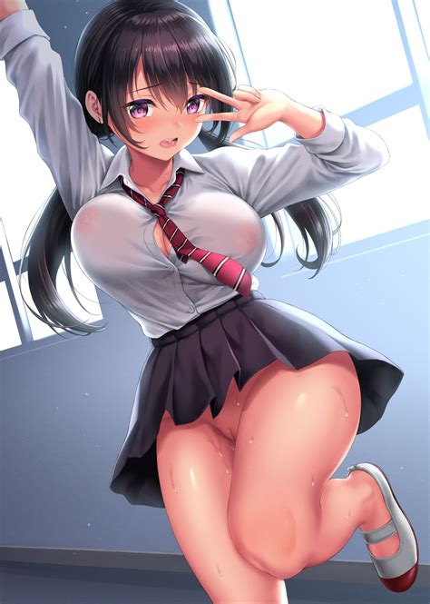 kase daiki highres 1girl black hair blush breasts clothes lift large breasts nipples no