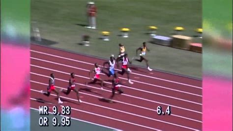 Donovan bailey of canada set a world record in the men's 100m race (9.84 seconds). Ben Johnson 9.79 - 100m Final at the 1988 Seoul Olympics ...