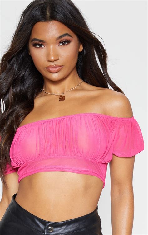 Hot Pink Ruched Mesh Crop T Shirt Tops Prettylittlething Usa