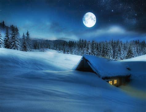 Full Moon Over Winter Cabin By Maria Micaela