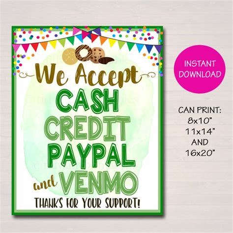 We Accept Payments Sign Cash Credit Paypal Venmo Fundraising Etsy