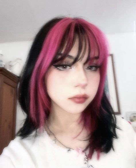 Hot Pink And Black Split Tone With Bangs Hair Color Streaks Split Dyed Hair Hair Inspo Color