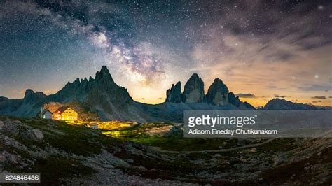 Panoramic Of Milky Way At Tre Cime Of The Dolomites High Res Stock