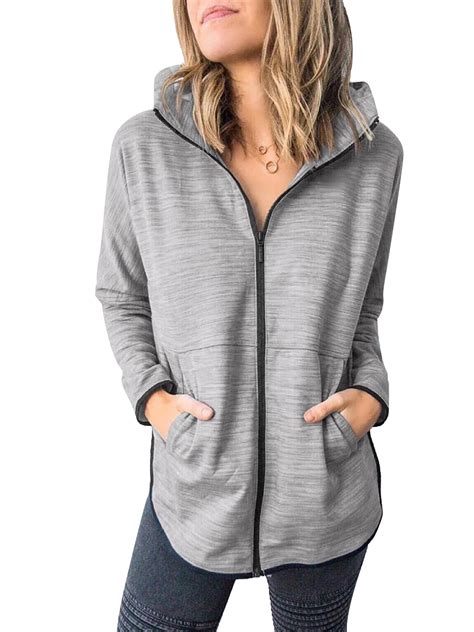 women zip up hoodie jacket ladies casual long sleeve sweatshirt loose hooded top solid basic