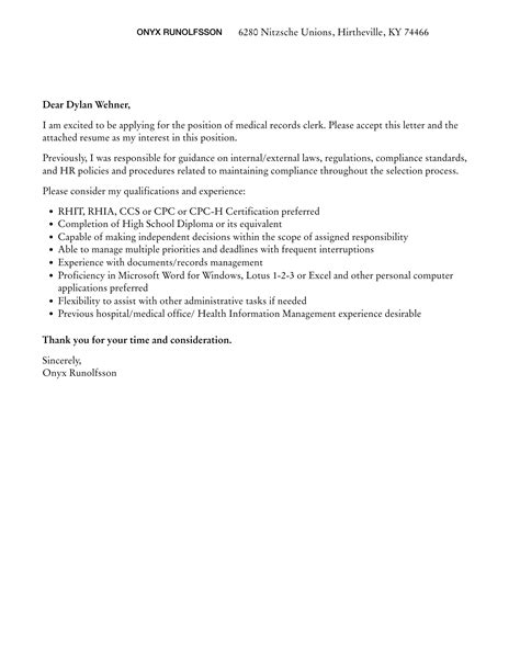 Medical Records Clerk Cover Letter | Velvet Jobs