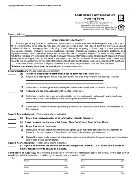 Free Printable Lead Paint Disclosure Form Printable Forms Free Online