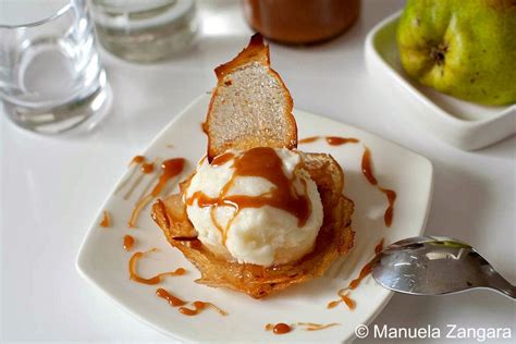 Pear Ice Cream In Pear Wafer Basket With Salted Caramel Sauce Pear