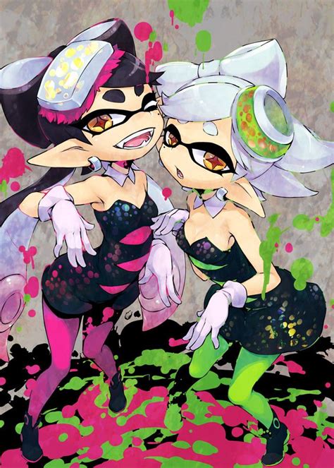 2girls d aori splatoon black hair detached collar dress earrings fangs food food on head