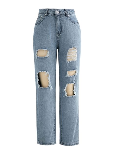 emmiol kostenloser versand 2023 zerrissene freund jeans mit hoher taille blau s von zerrissene