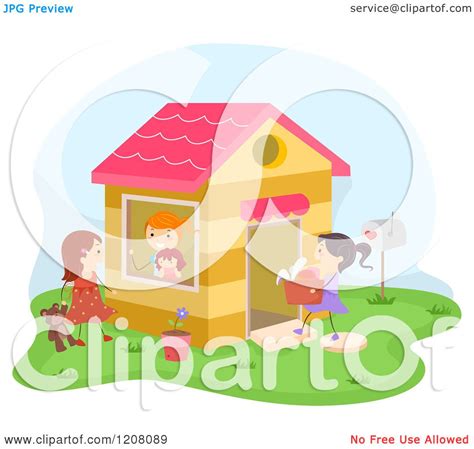 Cartoon Of Girls Playing At A Playhouse Royalty Free Vector Clipart