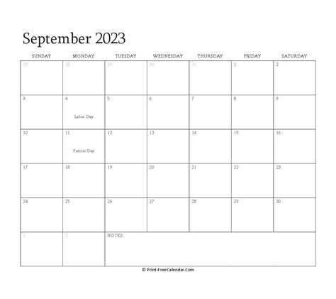 Printable September Calendar 2023 With Holidays