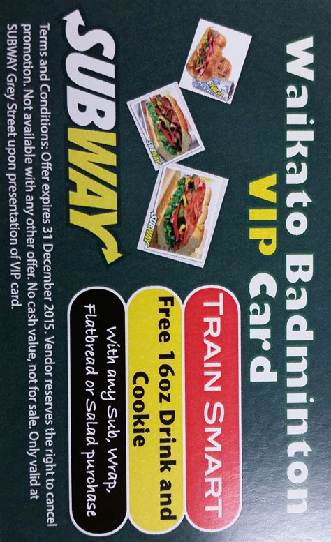 Check spelling or type a new query. Subway Grey Street VIP Card - Waikato Badminton