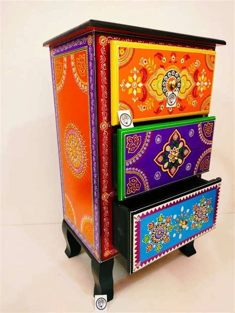 Indian Nightstand Wooden Bedside Table Solid Wood Hand Painted Drawer