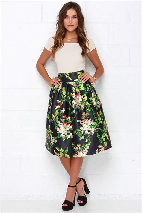 Lovely Black Skirt Floral Print Skirt Pleated Skirt 8400 Lulus