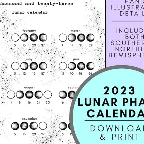 2023 Lunar Calendar Printable Moon Phase Astronomical Etsy Canada