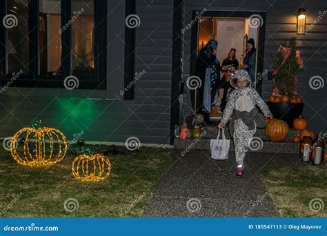 Vancouver Canada October 31 2019 Children In Costumes Knocking On