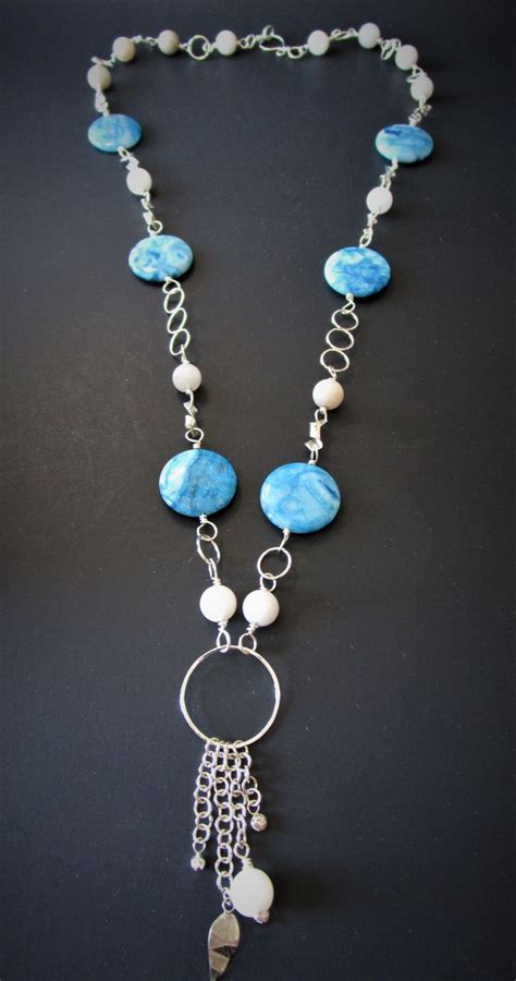 Gemstone Necklace Womens Long Blue Agate Necklace Etsy Canada Blue