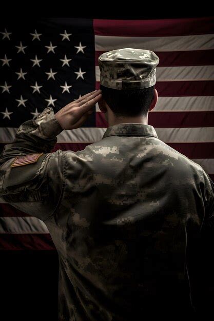 Un Soldado Saludando Frente A Una Bandera Foto Premium