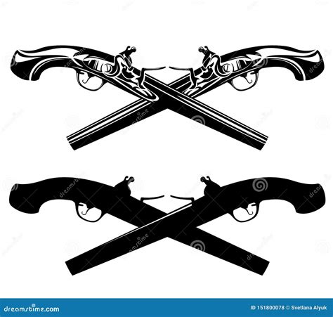 Crossed Duel Pistols Black And White Vector Design Stock Vector