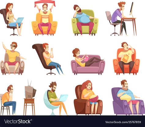 Sedentary Lifestyle Retro Cartoon Icons Set Vector Image