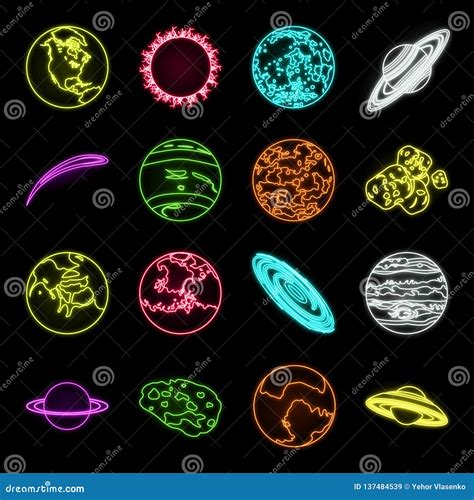 Planets Of The Solar System Neon Icons In Set Collection For Design