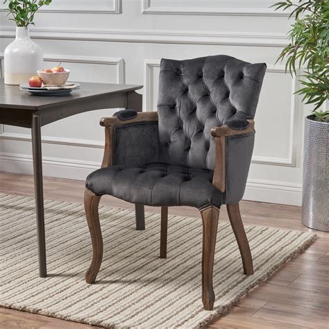 Noble House Mora Velvet Tufted Arm Dining Chair Charcoal