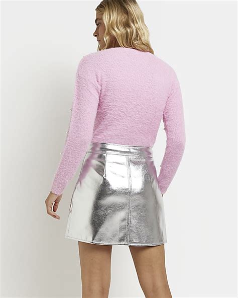 Silver Metallic Faux Leather Mini Skirt River Island