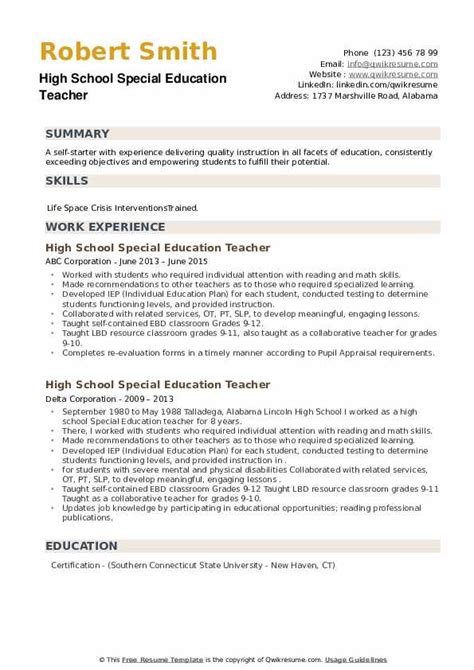 High School Special Education Teacher Resume Samples Qwikresume