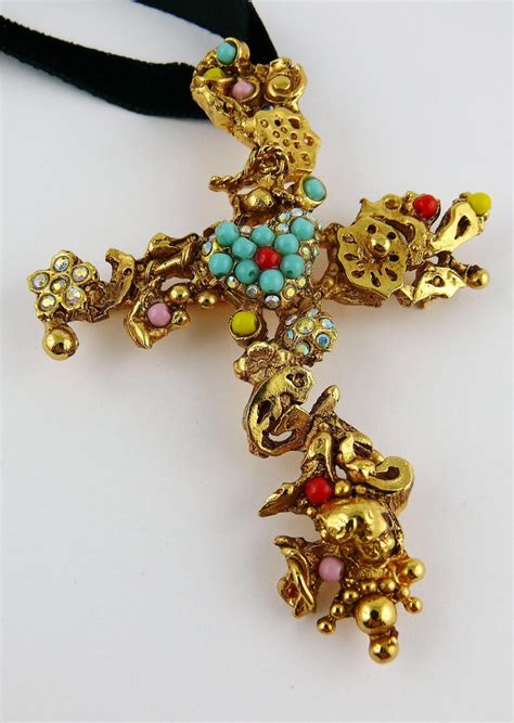 christian lacroix vintage gold toned jewelled cross pendant necklace at 1stdibs