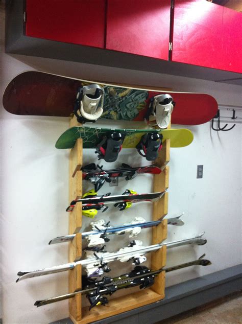 The most common ski storage rack material is wood. Ski & snowboard rack DIY | Garage storage organization ...