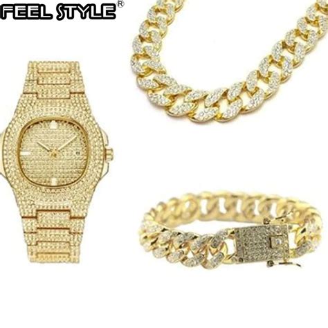 Gold Silver Necklace Watch Bracelet Hip Hop Miami Curb Cuban Chain
