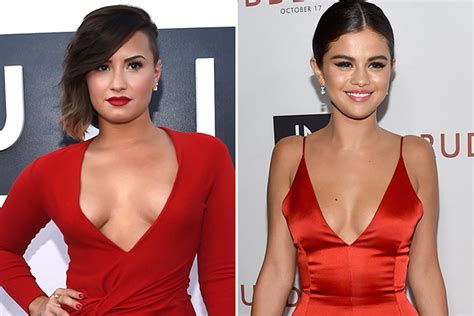 Demi Lovato Vs Selena Gomez Who Rocks The Red Dress Plunging Neckline