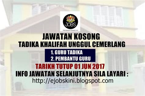 Kepada yang berkeinginan untuk memenuhi jawatan kosong pembantu pegawai latihan gred e19 ini, mereka perlu membuat pendaftaran pekerjaan melalui borang spa8i online di portal spa. Jawatan Kosong Tadika Khalifah Unggul Cemerlang - 01 Jun 2017