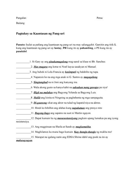 pagtukoy sa kaantasan ng pang uri 53 1 pagsasanay filipino at nito worksheet 1st grade