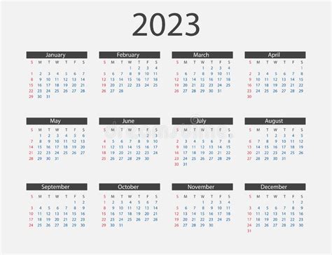2023 Year Calendar Vector Illustration Weeks Start On Sunday Stock