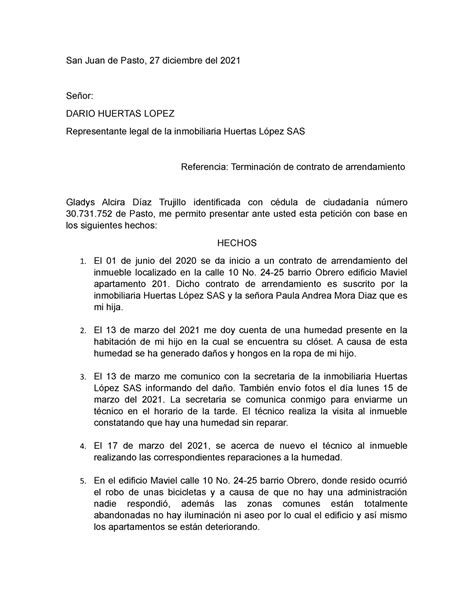 Oficio De Terminacion De Contrato De Arrendamiento Suscrito Con Una Inmobiliaria San Juan De