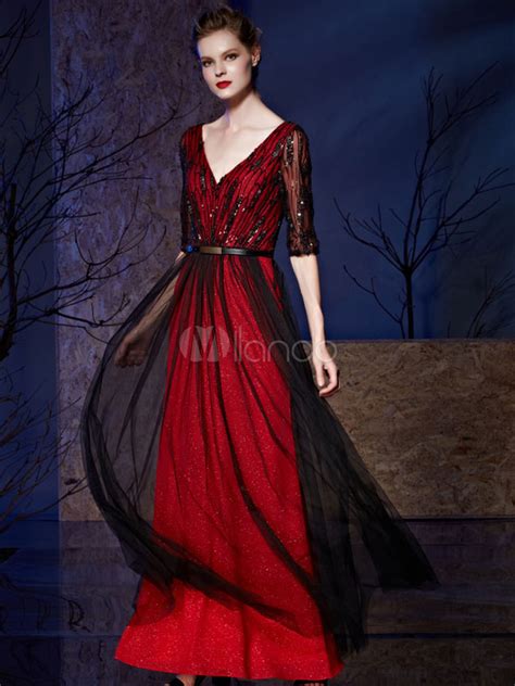 Sequin Evening Dress Tulle A Line Floor Length Half Sleeves V Neck