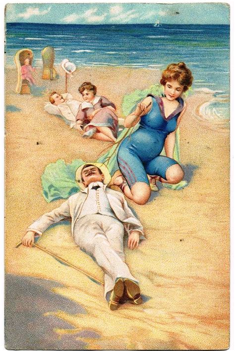 Vintage 1908 Postcard Bathing Beauty Beach Scene Beach Date Postcard Victorian Couple