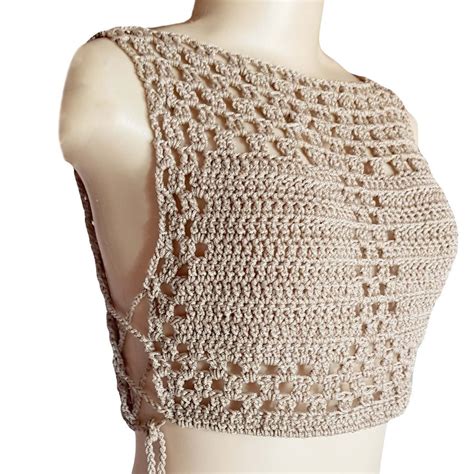 Nude Crochet Sexy Handmade Crop Top Marisela Veludo Fashion Designer