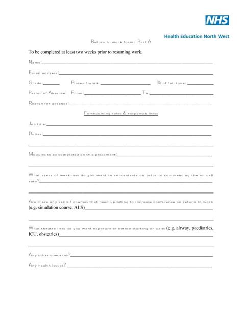 Return To Work Work Release Forms Printable Templates Return