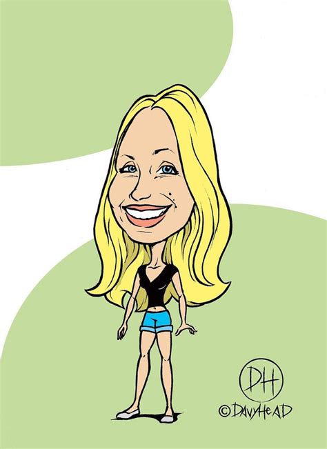 A Cartoon Caricature Of A Woman With Blonde Hair And Blue Shorts Smiling