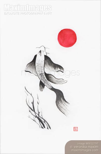 Image Of Fine Art Sumi E Painting Of Japanese Koi Fish With Red Sun On