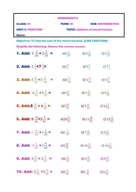 Addition Of Mixed Fraction Worksheet